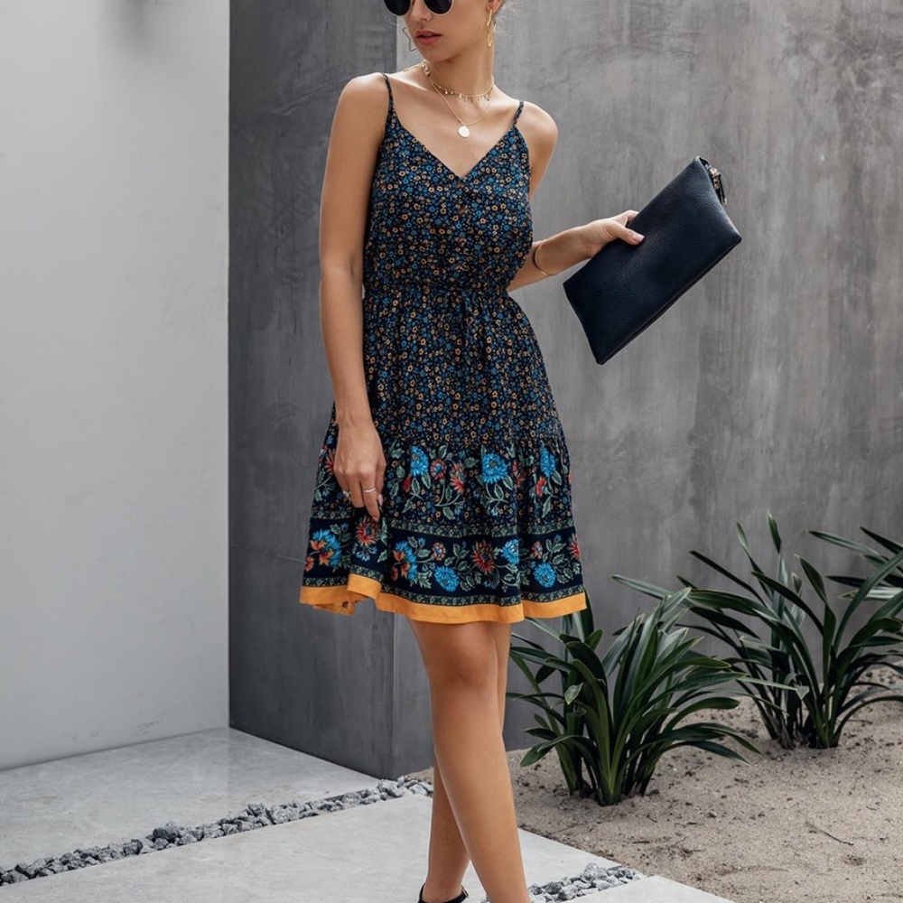 Boho Hippie Gypsy Floral Midi Dress - NAVY - Picture 2 of 8